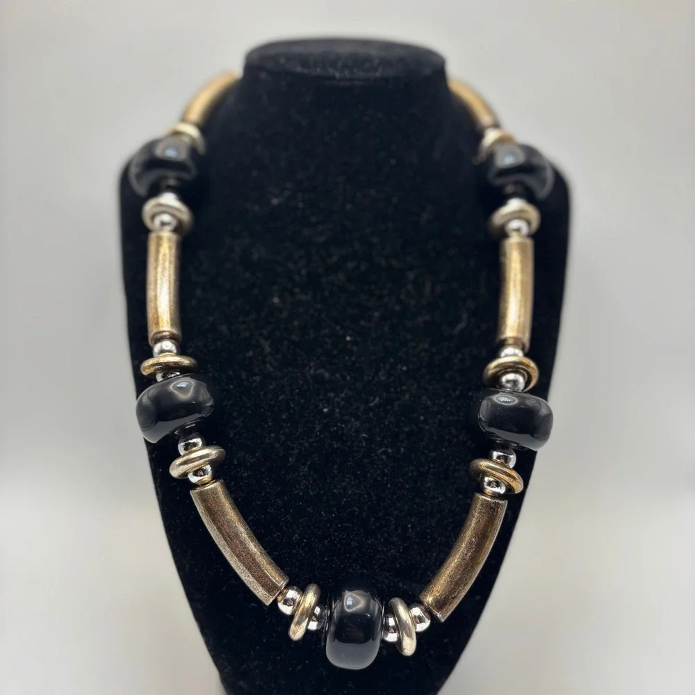 Mixed Metal Chunky Bead Necklace Brass Silver Tone Black Rondelle Statement Hook
